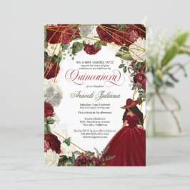 Quinceanera elegant charro burgundy white floral kaart