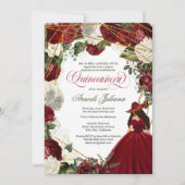 Quinceanera elegant charro burgundy white floral kaart (Voorkant)