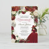 Quinceanera elegant charro burgundy white floral kaart (Staand voorkant)