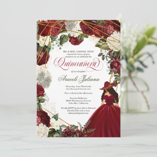 Quinceanera elegant charro burgundy white floral kaart (Staand voorkant)