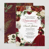 Quinceanera elegant charro burgundy white floral kaart (Voorkant / Achterkant)