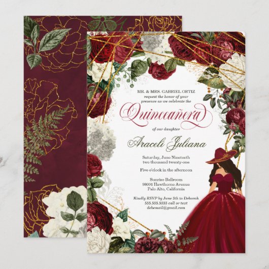 Quinceanera elegant charro burgundy white floral kaart (Voorkant / Achterkant)