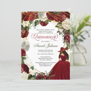 Quinceanera elegant charro burgundy white floral kaart