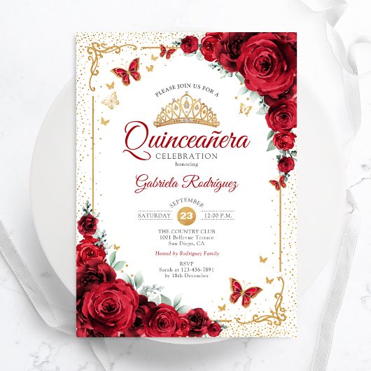 Quinceanera Elegant Chic Red Roses Gold Kaart