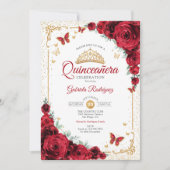 Quinceanera Elegant Chic Red Roses Gold Kaart (Voorkant)