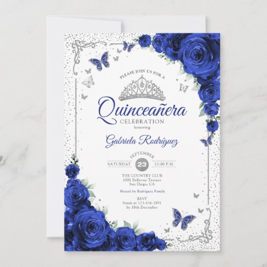 Quinceanera Elegant Chic Royal Blue Roses Silver Kaart (Voorkant)