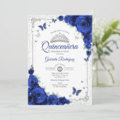 Quinceanera Elegant Chic Royal Blue Roses Silver Kaart (Staand voorkant)