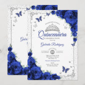 Quinceanera Elegant Chic Royal Blue Roses Silver Kaart (Voorkant / Achterkant)