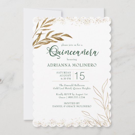 Quinceanera Elegant Emerald Green en Gold Leaf Kaart (Voorkant)