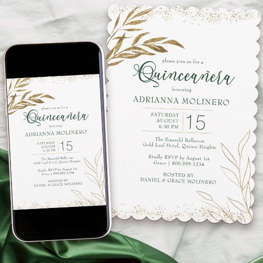Quinceanera Elegant Emerald Green en Gold Leaf Kaart