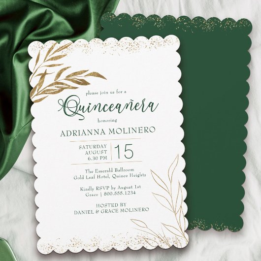Quinceanera Elegant Emerald Green en Gold Leaf Kaart