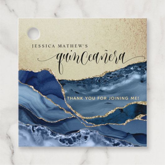 Quinceañera, Elegant Gold en Blue Agate Bedankjes Labels (Voorkant)