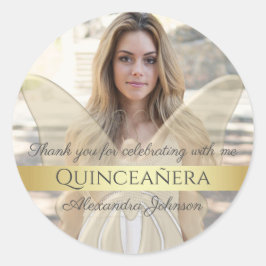 Quinceanera Elegant Gouden Vlinder Foto Ronde Sticker