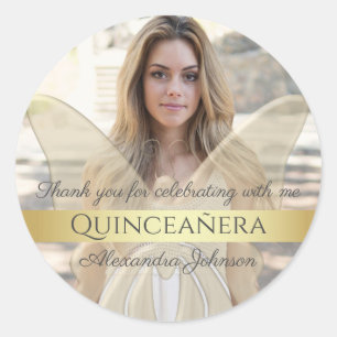 Quinceanera Elegant Gouden Vlinder Foto Ronde Sticker