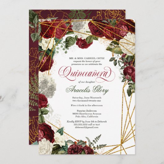 Quinceanera elegant groene witte bogundische bloem kaart (Voorkant / Achterkant)