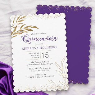 Quinceanera Elegant Paars en Gouden Blad Kaart