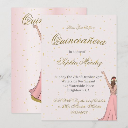 Quinceanera Elegant Pink Gold Kaart (Voorkant / Achterkant)