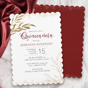 Quinceanera Elegant Red en Gold Leaf Kaart