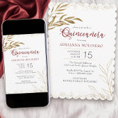 Quinceanera Elegant Red en Gold Leaf Kaart