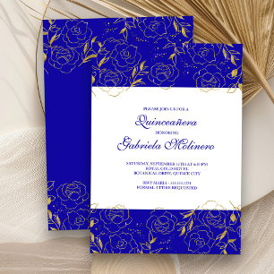 Quinceanera Elegant Royal Blue en Gold Floral Kaart
