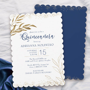 Quinceanera Elegant Royal Blue en Gold Leaf Kaart