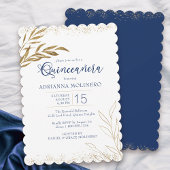 Quinceanera Elegant Royal Blue en Gold Leaf Kaart