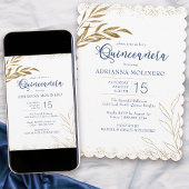 Quinceanera Elegant Royal Blue en Gold Leaf Kaart