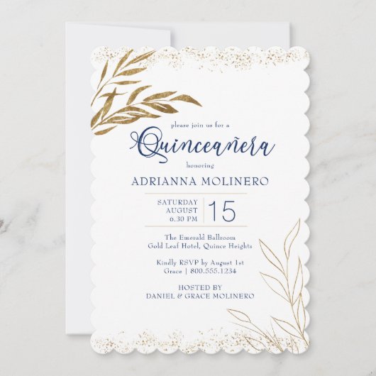 Quinceanera Elegant Royal Blue en Gold Leaf Kaart (Voorkant)