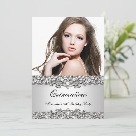 Quinceanera Elegant Silver White Diamond Kaart (Staand voorkant)