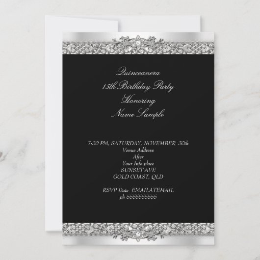 Quinceanera Elegant Silver White Diamond Kaart (Achterkant)