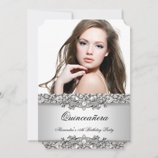 Quinceanera Elegant Silver White Diamond Photo 2 Kaart (Voorkant)