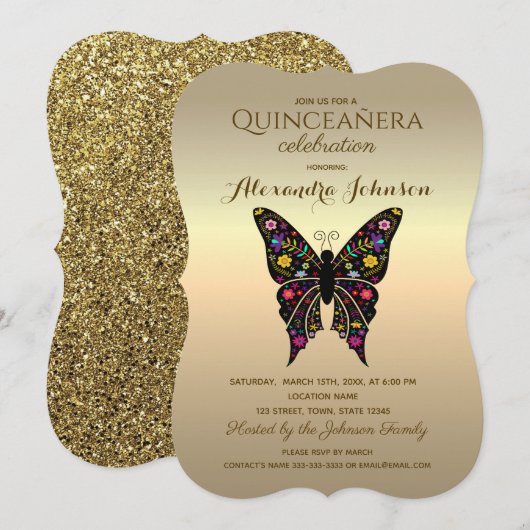Quinceanera Elegant Zwart en Goud Kaart (Voorkant / Achterkant)