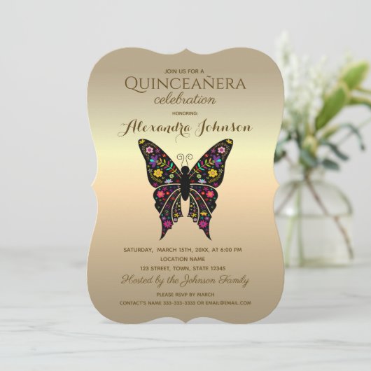 Quinceanera Elegant Zwart en Goud Kaart (Staand voorkant)