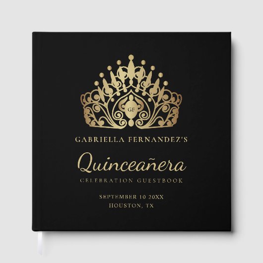 Quinceanera Elegant Zwart Gouden Tiara Kroon Gastenboek (Voorkant)