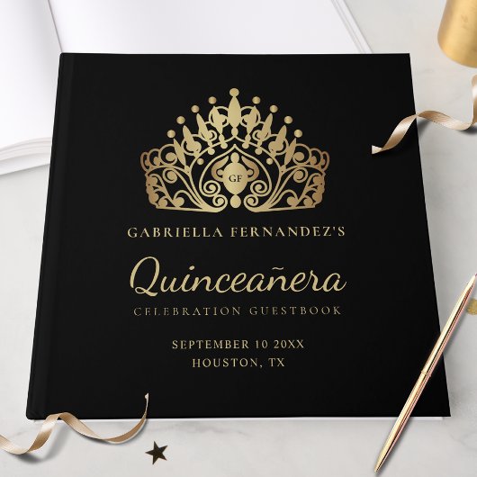 Quinceanera Elegant Zwart Gouden Tiara Kroon Gastenboek