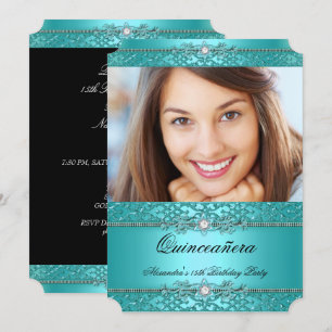 Quinceanera Elegante Turkoois Blauwe Diamant Foto Kaart