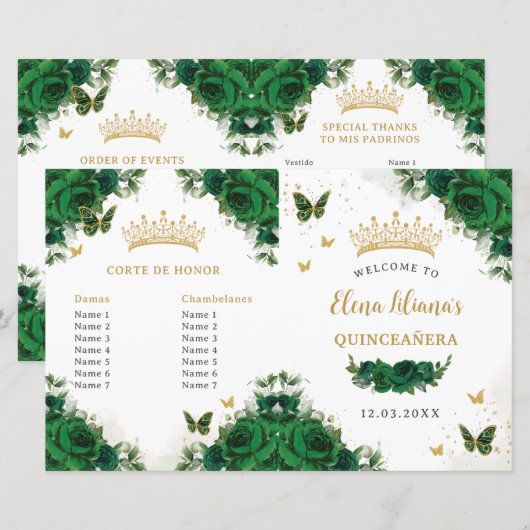 Quinceañera Emerald Bloemenvlinders Programma (Voorkant / Achterkant)