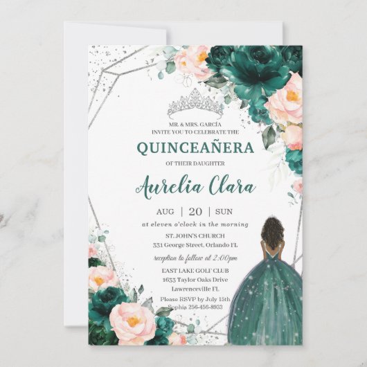 Quinceañera Emerald Blush Floral Brown Princess Kaart (Voorkant)