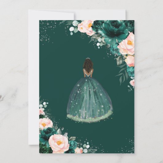 Quinceañera Emerald Blush Floral Brown Princess Kaart (Achterkant)
