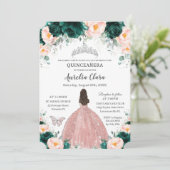 Quinceañera Emerald Blush Floral Princess Silver Kaart (Staand voorkant)