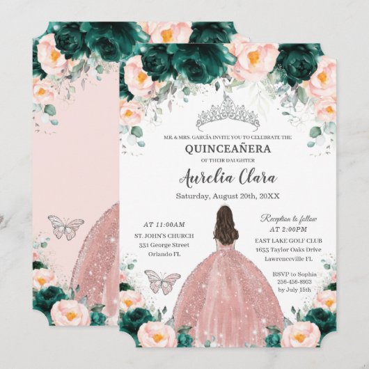 Quinceañera Emerald Blush Floral Princess Silver Kaart (Voorkant / Achterkant)