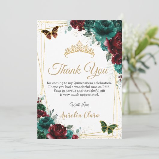 Quinceanera Emerald Bourgondië Bloemen Dank u kaar Kaart (Staand voorkant)