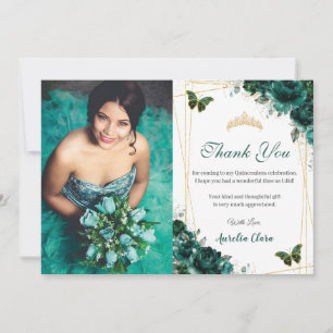 Quinceañera Emerald Floral Butterflies Birthday Bedankkaart