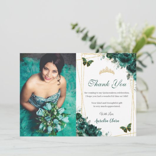 Quinceañera Emerald Floral Butterflies Birthday Bedankkaart (Staand voorkant)