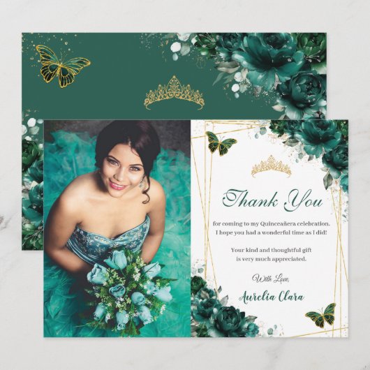 Quinceañera Emerald Floral Butterflies Birthday Bedankkaart (Voorkant / Achterkant)