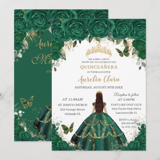 Quinceañera Emerald Floral Princess Gold Crown Kaart (Voorkant / Achterkant)