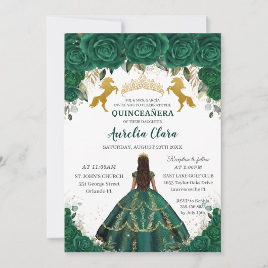 Quinceañera Emerald Floral Princess Gold Horses Kaart (Voorkant)