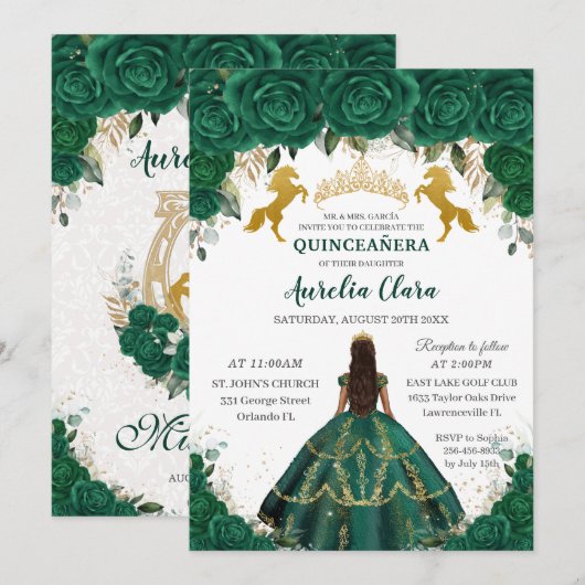 Quinceañera Emerald Floral Princess Gold Horses Kaart (Voorkant / Achterkant)
