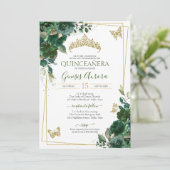 Quinceañera Emerald Forest Green Gold Butterfly Kaart (Staand voorkant)