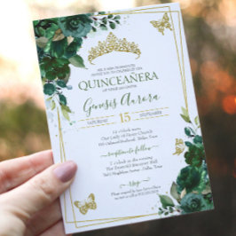 Quinceañera Emerald Forest Green Gold Butterfly Kaart
